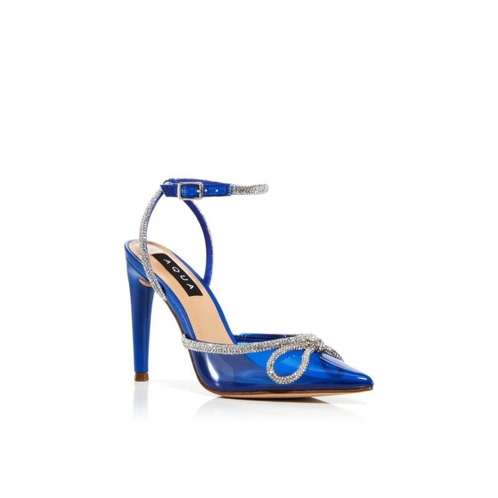 AQUA Womens Blue Glitter Embelished Charm Pointed Toe Block Heel Pumps Shoes 7 M